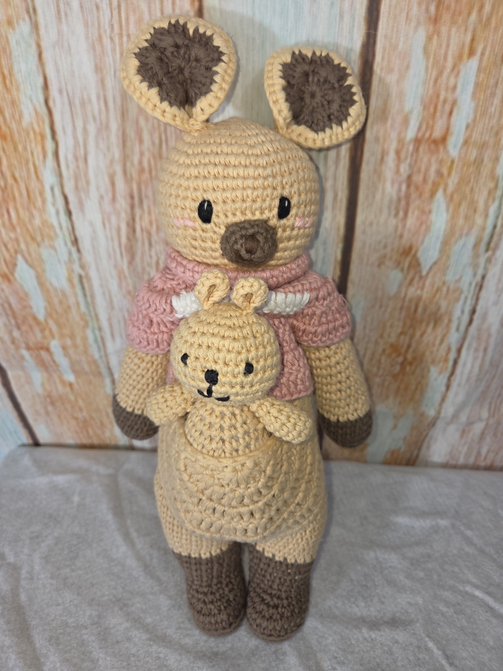 Bobi Craft Crochet Kangaroo Doll Mamica Karo Mama Plush Toy w/Joey Pink Sweater